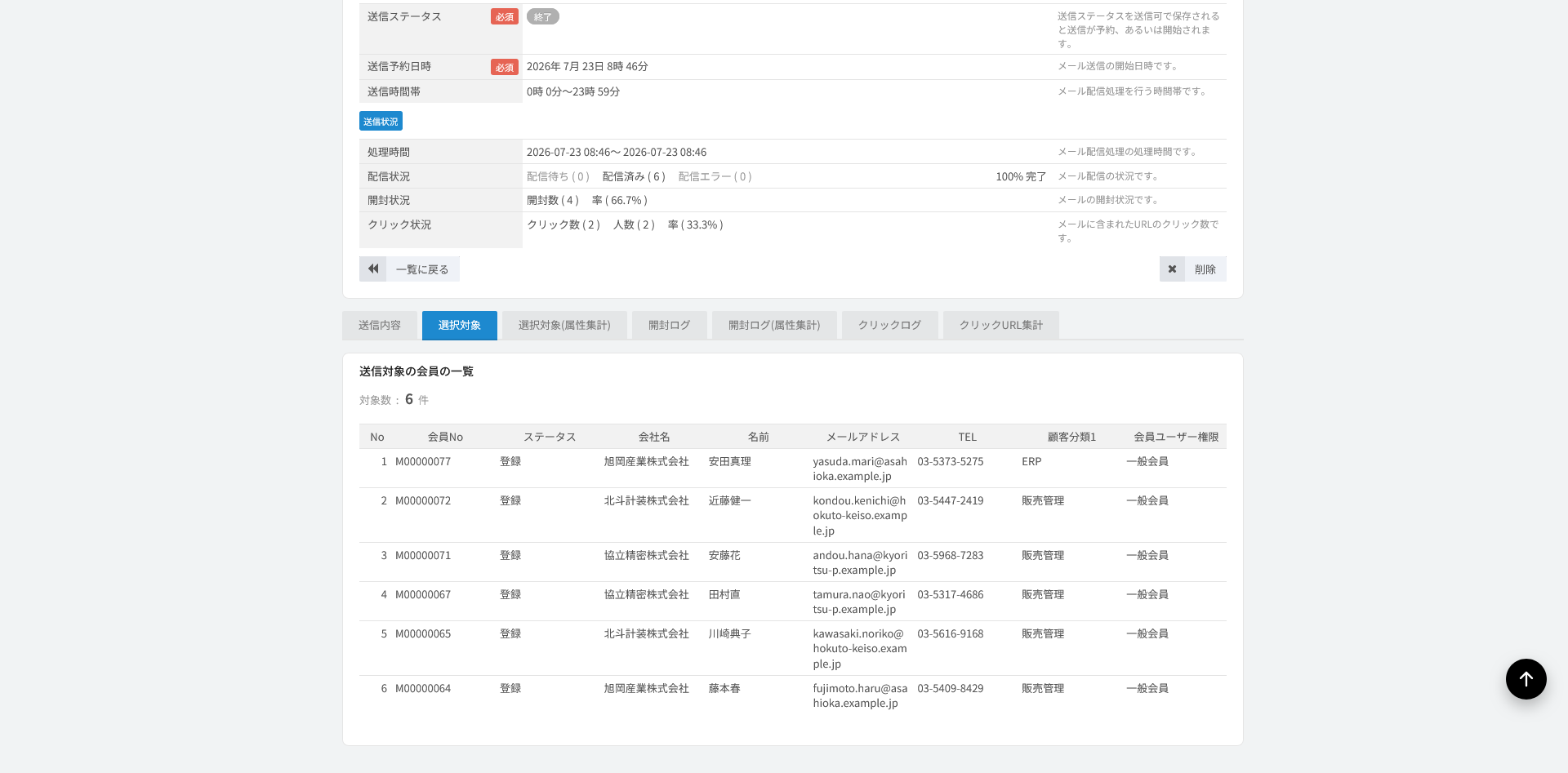 送信対象の一覧。その送信メールの宛先になった会員が名簿として行で並ぶ画面